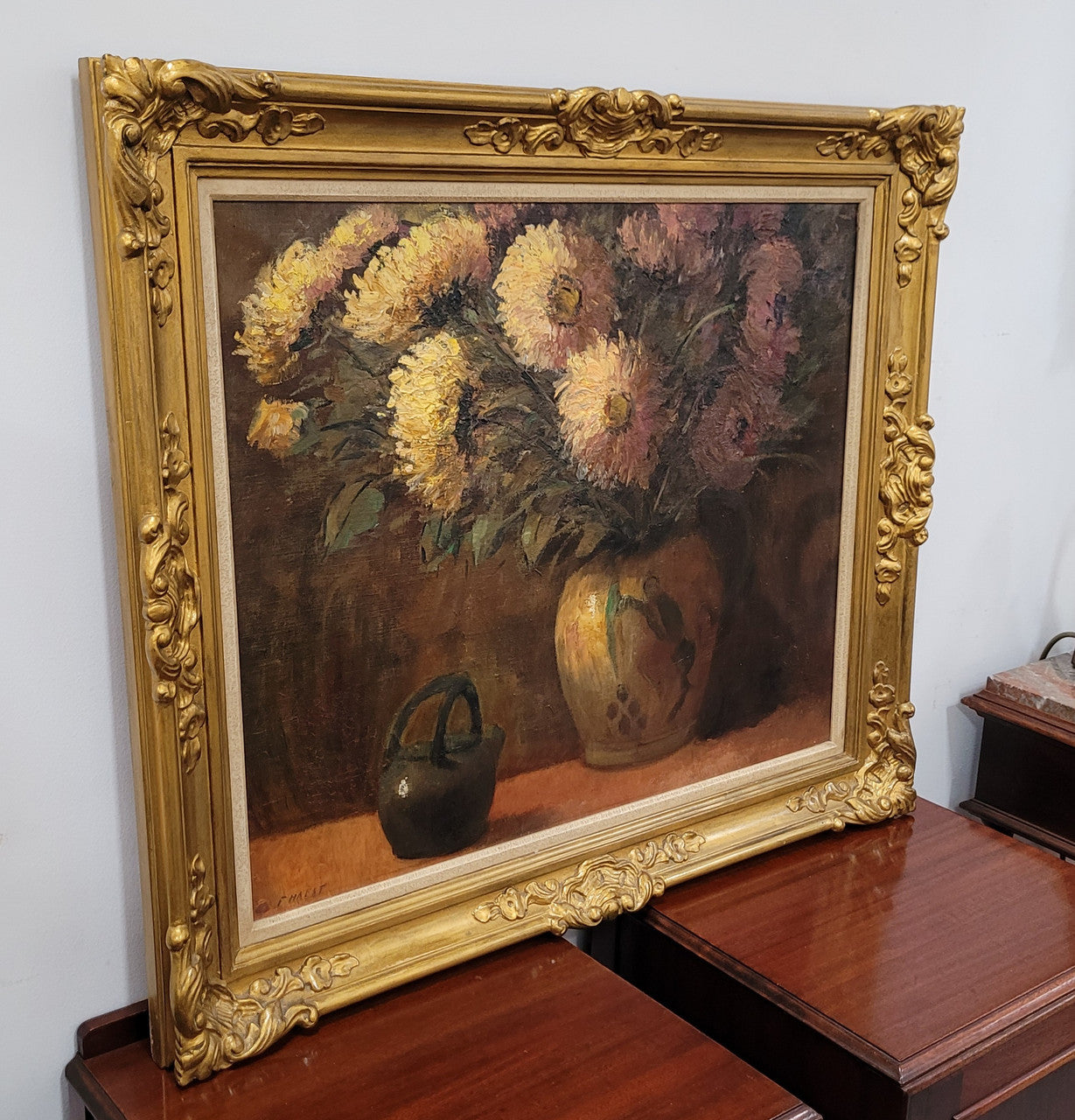 French signed oil on canvas depicting floral still life in charming gilt frame. Sourced from France and in good original detailed condition.