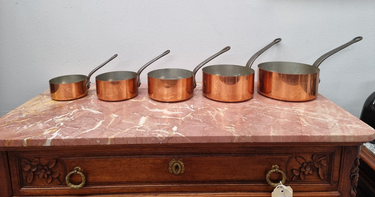Set of Five Vintage Copper Saucepans with Tin Lining Made In France