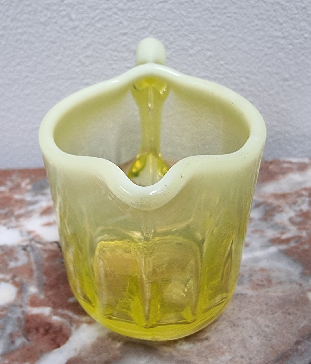 A fabulous rare Vaseline glass small jug and sugar bowl in good original condition.