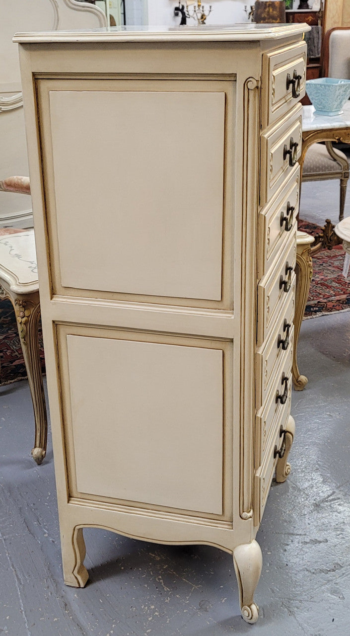 Vintage French Louis 15th Style original painted seven drawer semainier of pleasing narrow proportions with panelled sides. They have been sourced from France and are in good original condition.