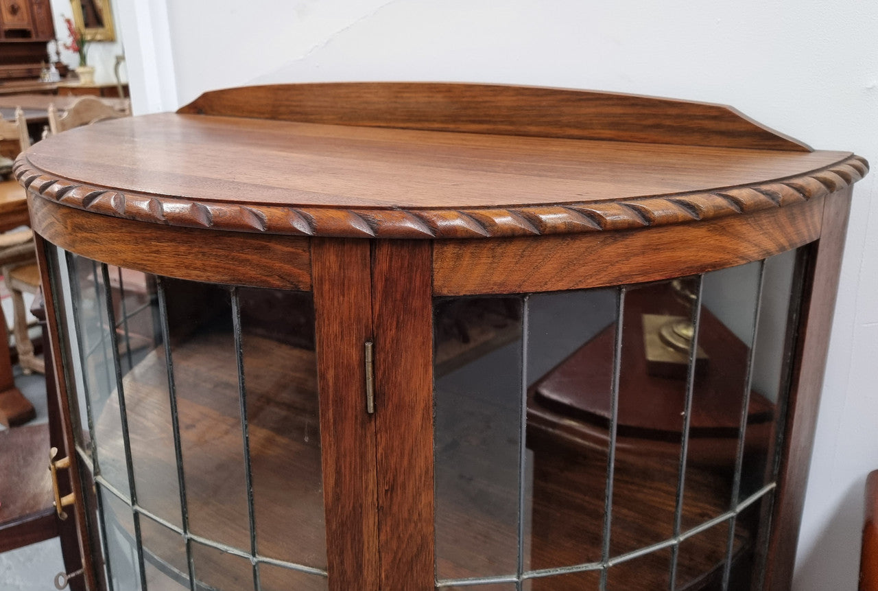 Vintage Australian Oak Half Round Leadlight Display Cabinet