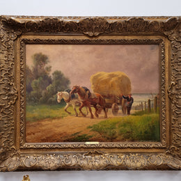 Amazing French impressionist oil on canvas of draft horses which is signed and in a lovely ornate frame. In very good original condition.