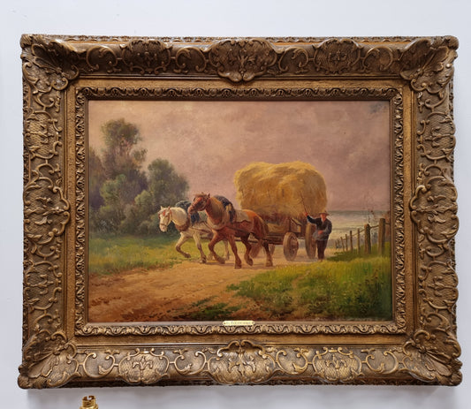 Amazing French impressionist oil on canvas of draft horses which is signed and in a lovely ornate frame. In very good original condition.