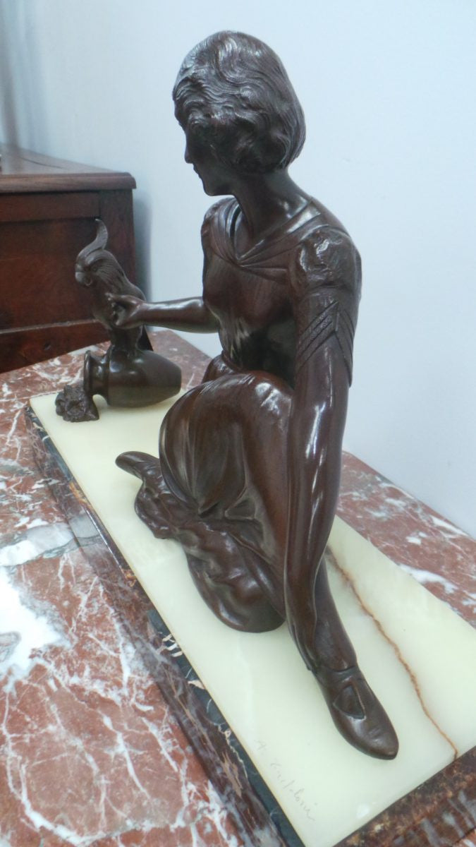 Art Deco Bronze Statue Of A Lady And Parrot On A Marble Base | Antique & Vintage | Moonee Ponds Antiques | Australia Wide Delivery