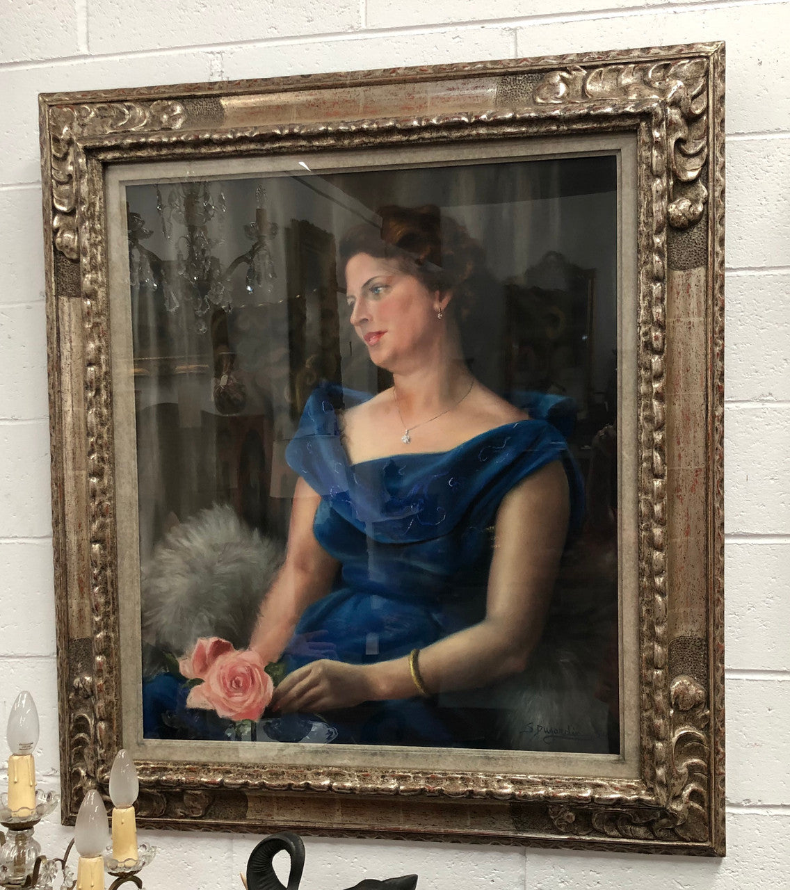 Belgian silver gilt framed pastel of a lady with rose, signed "Simon Dujardin" born 1900. Circa 1950's. Being a pastel artwork it is under glass to protect it.