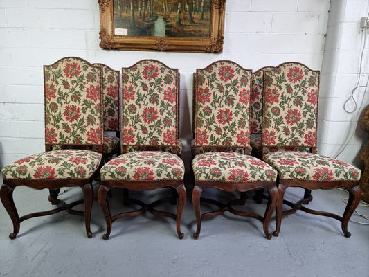 Rare set of eight high quality French walnut Louis XV style chairs. They have original tapestry ready to be reupholstered. Frames are in good strong condition.