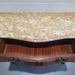 French three drawer marquetry inlaid marble top commode with decorative ormolu mounts. In good original detailed condition.