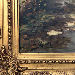 Beautiful Antique French oil on canvas of a path of trees, in a fabulous ornate frame and in good condition.