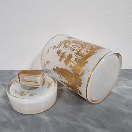 Antique French opaline glass lidded container with lovely gilt decoration. In good original condition with no chips or crack, please view photos as they help form part of the description.