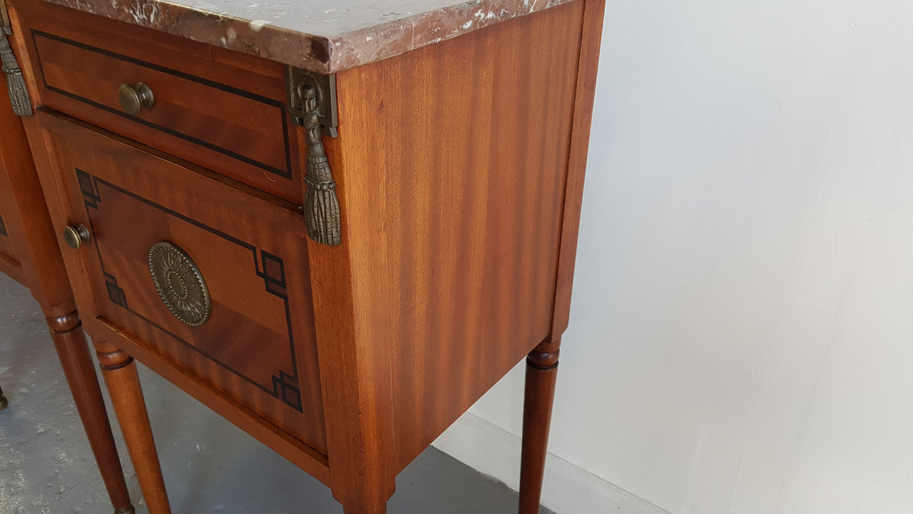 Pair Of French inlaid & Marble Top Bedsides