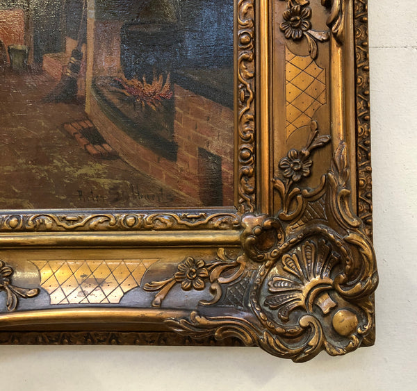 Antique French gilt framed signed oil on canvas of an interior scene in good original condition.