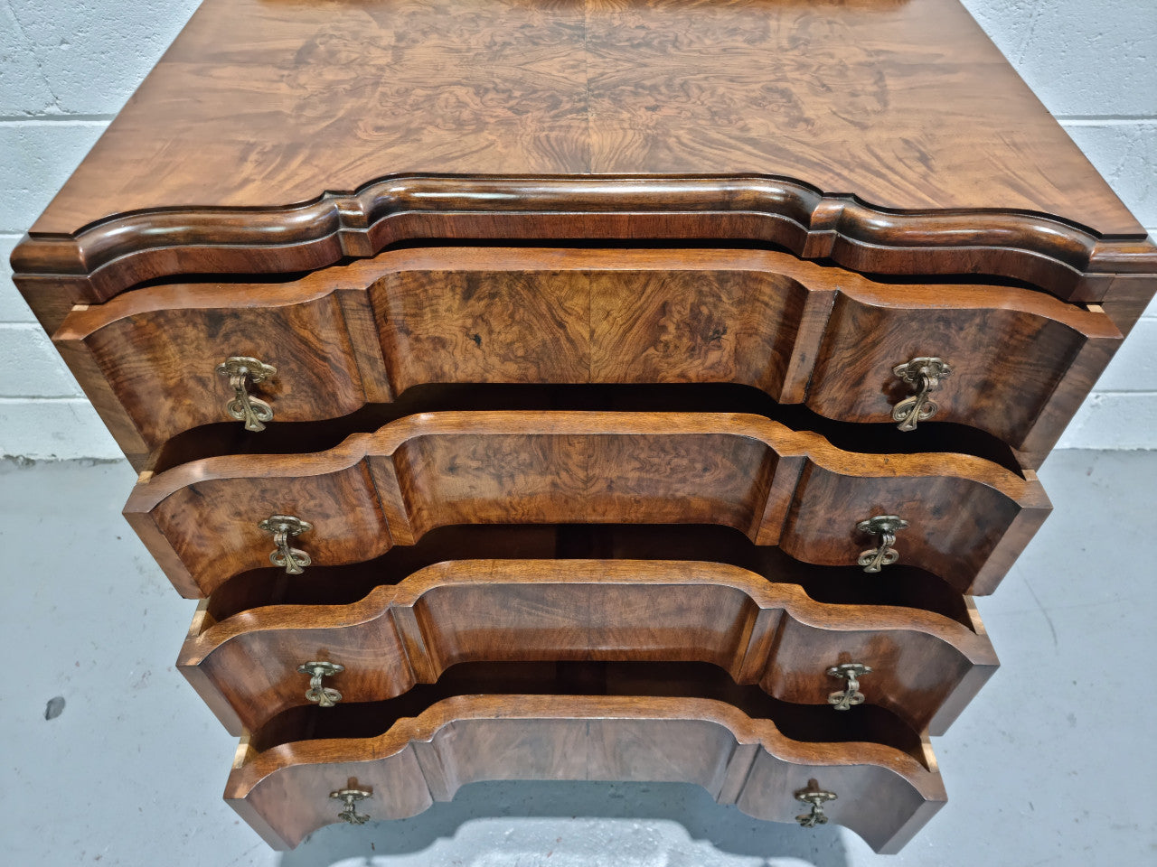 Antique English Figured Walnut Inverted Serpentine Fronted Chest of Drawers | Antique & Vintage | Moonee Ponds Antiques | Australia Wide Delivery