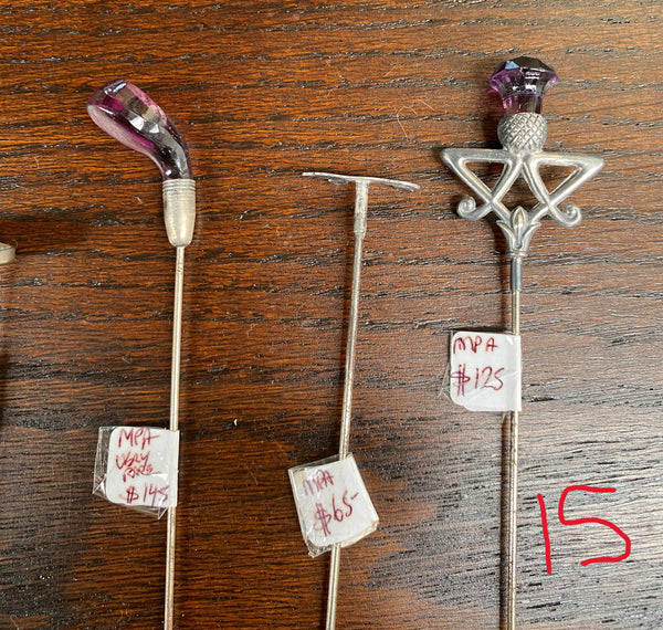 We stock a range of assorted Vintage/Antique hatpins which start from $6. Please view photos to see our current range. You are able to purchase our hat pins by either emailing us or calling us to confirm availability and prices.
