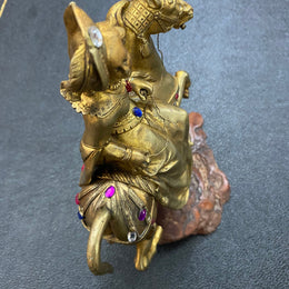 Victorian gilt bronze & jewelled lady rider & horse on a naturalistic wooden base. Circa 1890 and has a Hidden Compartment.