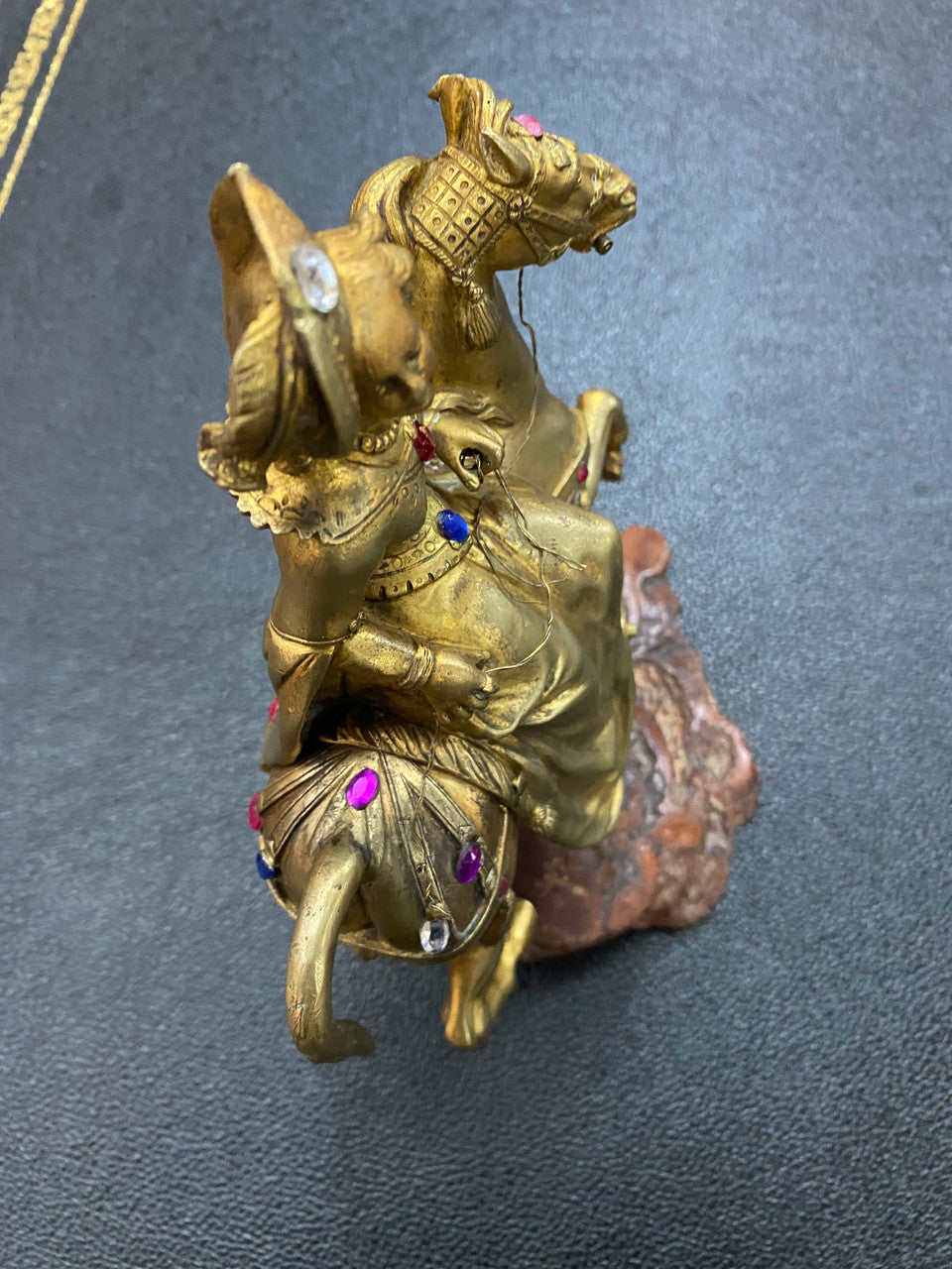 Victorian gilt bronze & jewelled lady rider & horse on a naturalistic wooden base. Circa 1890 and has a Hidden Compartment.