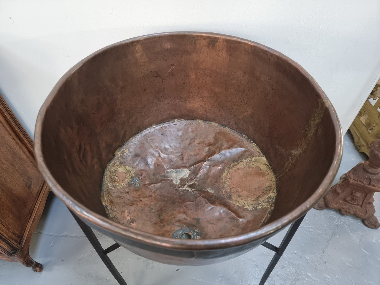 Fabulous Antique French copper pot on a solid iron stand in good original detailed condition. see photo for full description of condition.