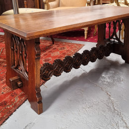 Sourced from France is this beautiful French Oak Gothic style coffee table with lovely carved details. It is in good original detailed condition.