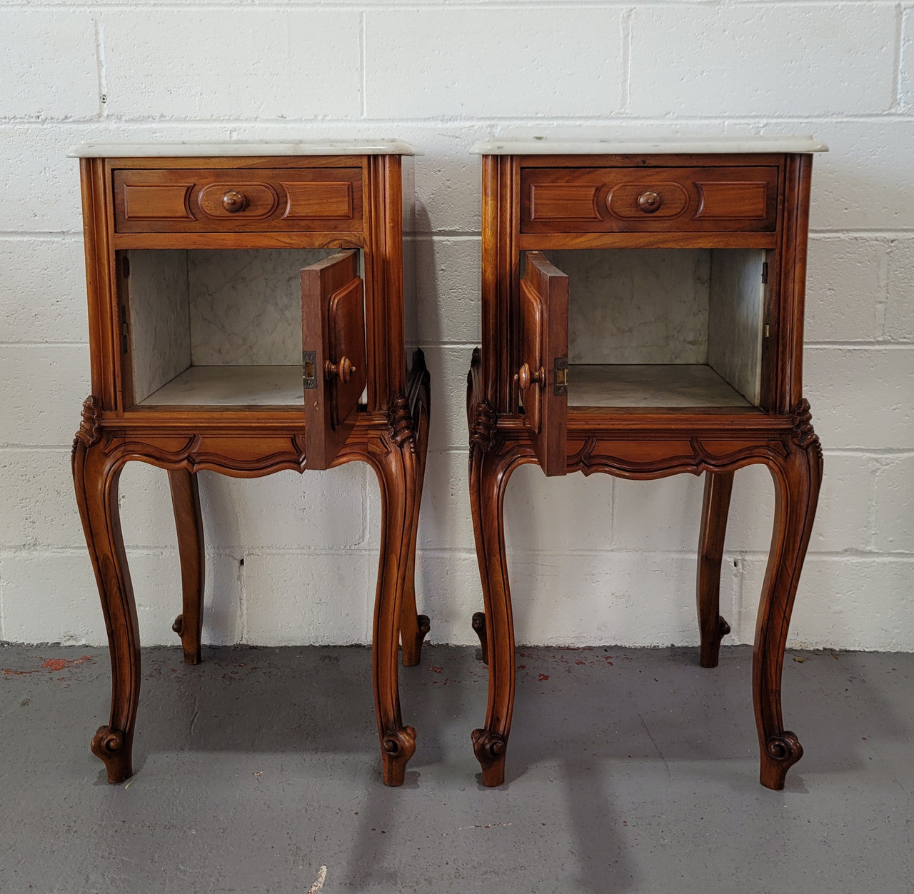 Pair of French Walnut White Marble Top Bedside Cabinets | Antique & Vintage | Moonee Ponds Antiques | Australia Wide Delivery