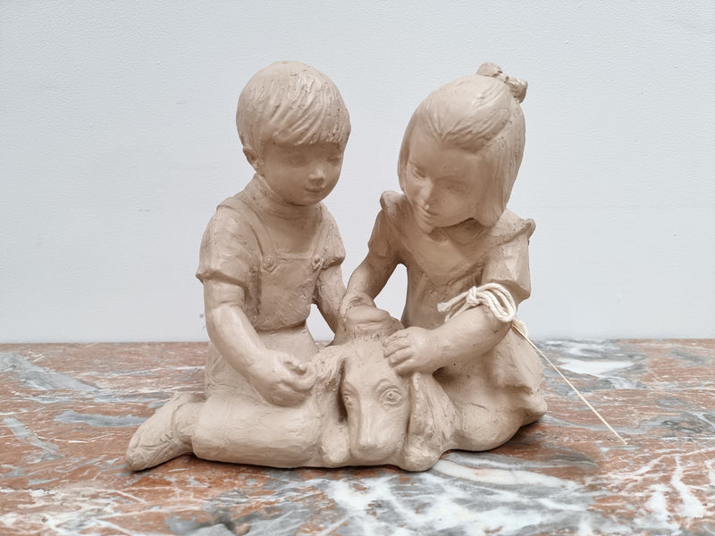 Vintage Austin productions signed Patricia Hannon Sculpture, "Boy Girl and Dog" "1981GG183". In good condition please view photos as they help form part of the description.