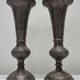 Pair of antique Indian silver plated vases with markings 'I, 546'. Sourced locally. They are in good original condition.
