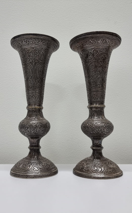 Pair of antique Indian silver plated vases with markings 'I, 546'. Sourced locally. They are in good original condition.