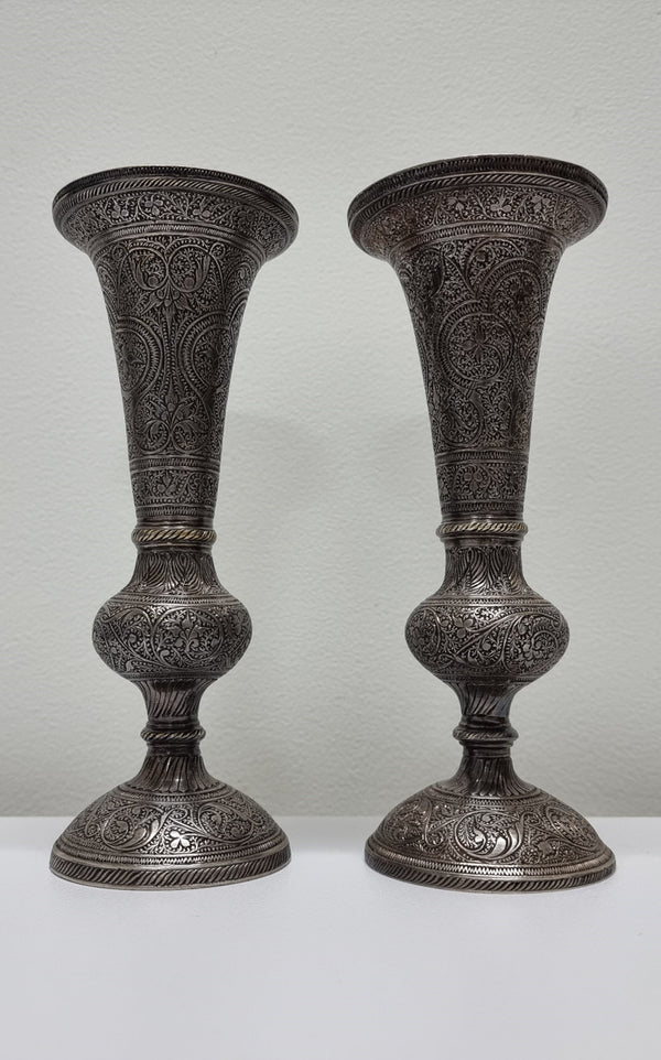 Pair of antique Indian silver plated vases with markings 'I, 546'. Sourced locally. They are in good original condition.