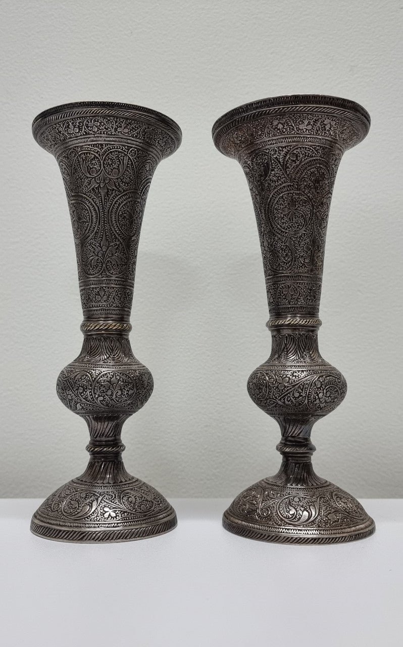 Pair of antique Indian silver plated vases with markings 'I, 546'. Sourced locally. They are in good original condition.