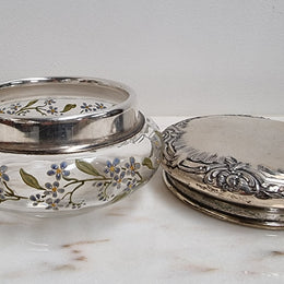 Edwardian Enameled Pattern Glass Dressing Table Bowl with Silver Plate Top
