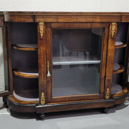 Victorian Rosewood inlaid side cabinet/credenza with velvet lined shelves and gilt mounts. It has been sourced locally and is in good original condition with loads of character.