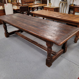Amazing 2.65 meter French Elm Refectory dining table with loads of rustic charm. This table has been sourced from France and can comfortably seat ten people. It is in good original detailed condition.