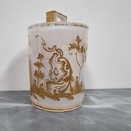 Antique French opaline glass lidded container with lovely gilt decoration. In good original condition with no chips or crack, please view photos as they help form part of the description.