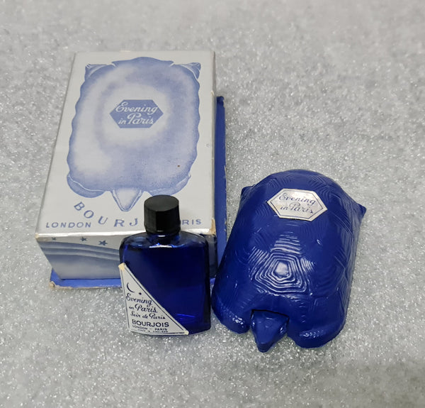 Stunning blue turtle Bakelite case with original perfume bottle, evening in Paris "Bourjois". In original box, in great original condition.