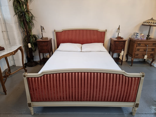 French Queen size upholstered Louis XV style painted bed. Comes with custom made slats, all you need to is place you mattress on top.