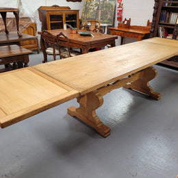 Stunning French Oak Farmhouse table with two extension leaves. When fully extended the table measures to a massive 339.5 cm long. Sourced from France and in good original detailed condition.