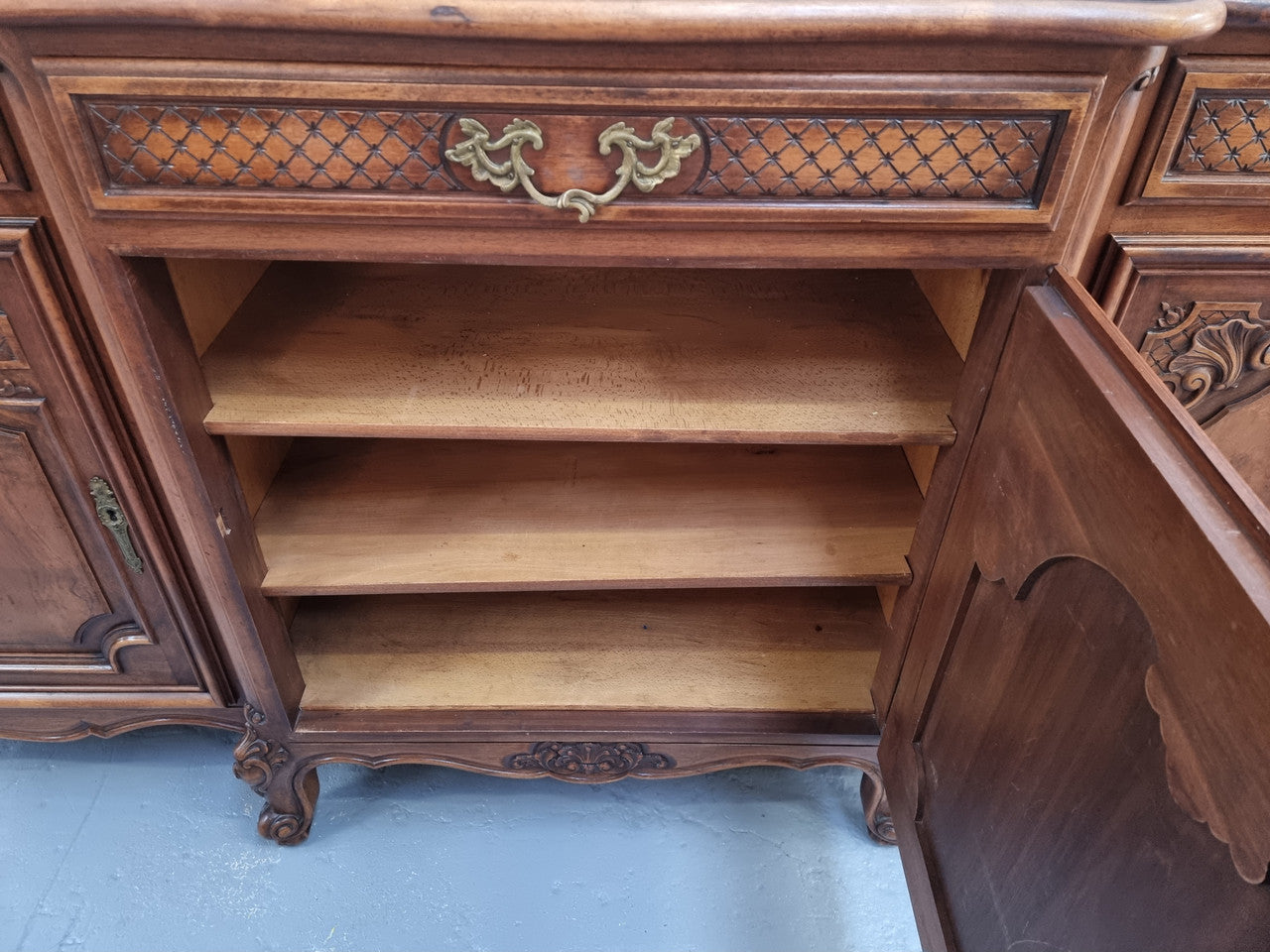 French Burr Walnut-Walnut Parquetry Top Three Door Sideboard | Antique & Vintage | Moonee Ponds Antiques | Australia Wide Delivery