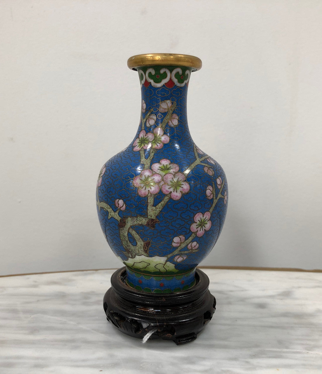 Small Blue Cloisonné Vase On Carved Stand