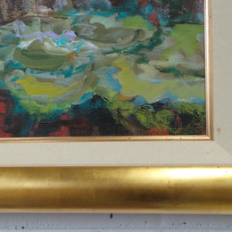 A beautiful Framed oil on canvas in vibrant colours and framed in a lovely gold frame. This piece is signed by artist John Cumming from "The Mill Gallery" and still has its original gallery card as shown in picture. It is in good original condition.