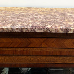 Beautiful French walnut and parquetry inlaid vitrine with lovely bevelled glass and a marble top. It comes with four glass shelves which are adjustable and it is in good original condition.
