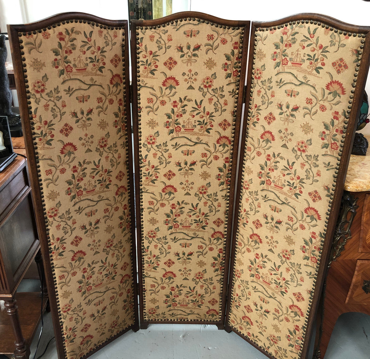 Vintage French Oak 3 fold tapestry covered privacy screen. Tapestry is in good condition with very minor wear and tear.