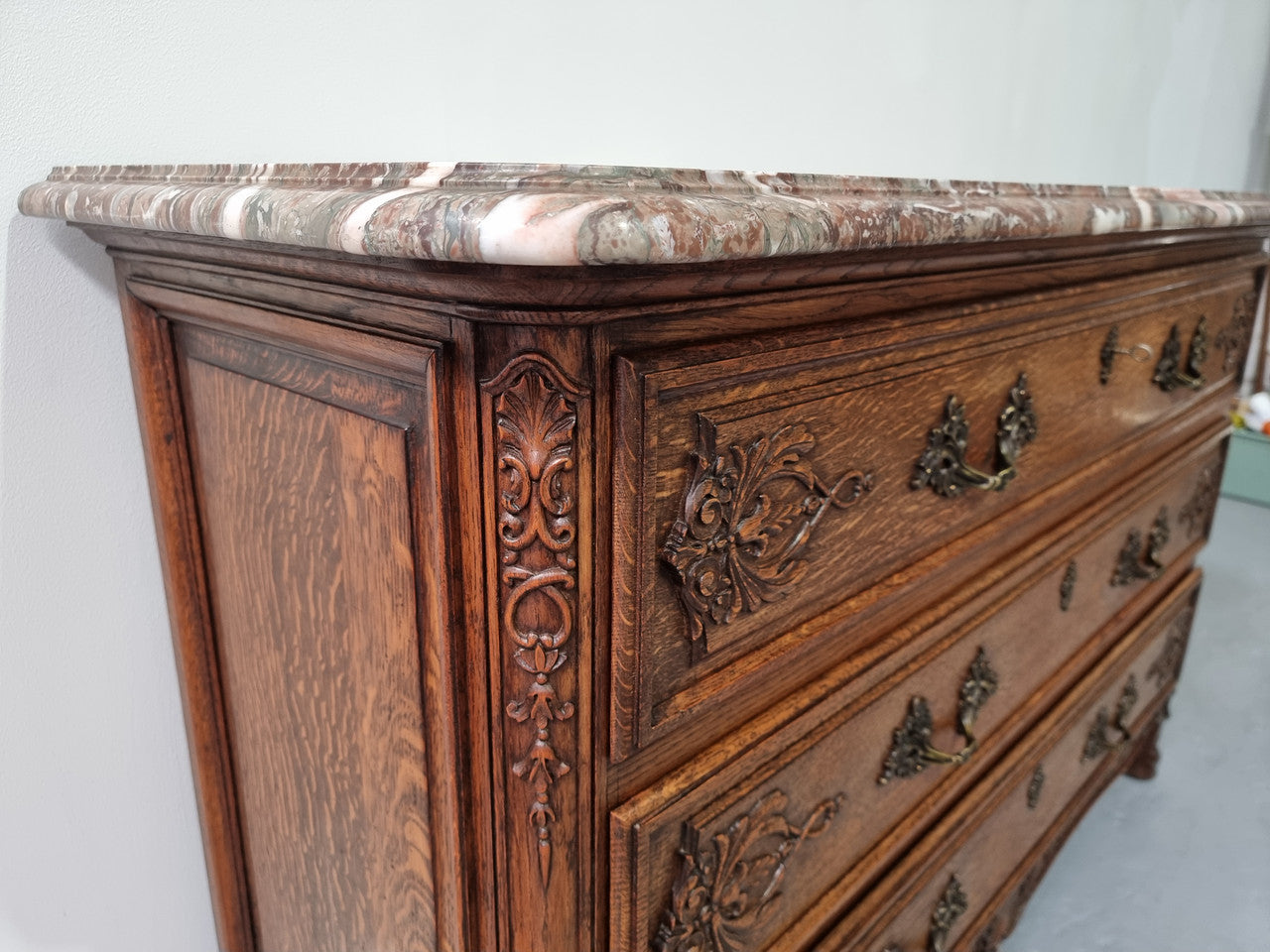 French Louis XV Style Three Drawer Oak Marble Top Commode | Antique & Vintage | Moonee Ponds Antiques | Australia Wide Delivery