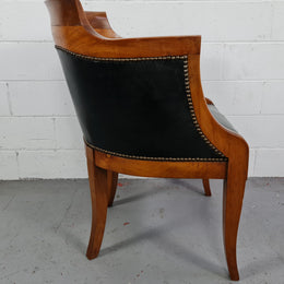 Antique Empire style Walnut and leather office desk chair. In good original detailed condition and leather is in good used condition.