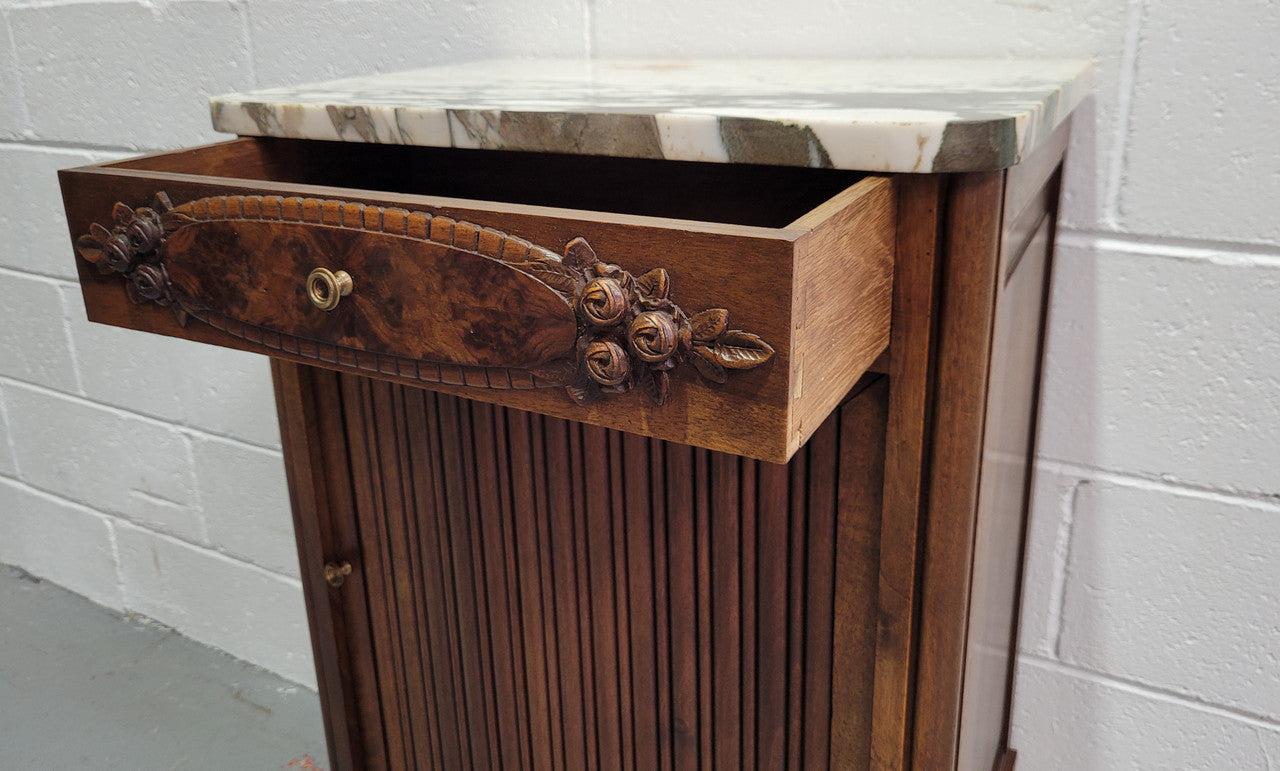 Louis XVI Style Art Deco Walnut Marble Top Side Cabinet
