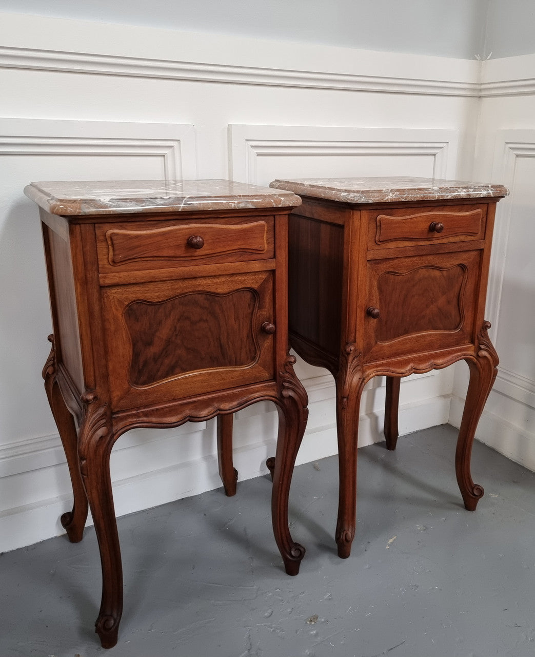 French Louis XVI Style Figured Walnut Marble Top Bedsides | Antique & Vintage | Moonee Ponds Antiques | Australia Wide Delivery