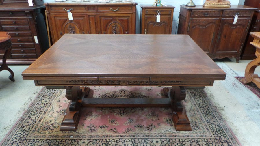 French Oak Extension Table With Carved Ornate Base