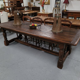 Amazing 2.65 meter French Elm Refectory dining table with loads of rustic charm. This table has been sourced from France and can comfortably seat ten people. It is in good original detailed condition.