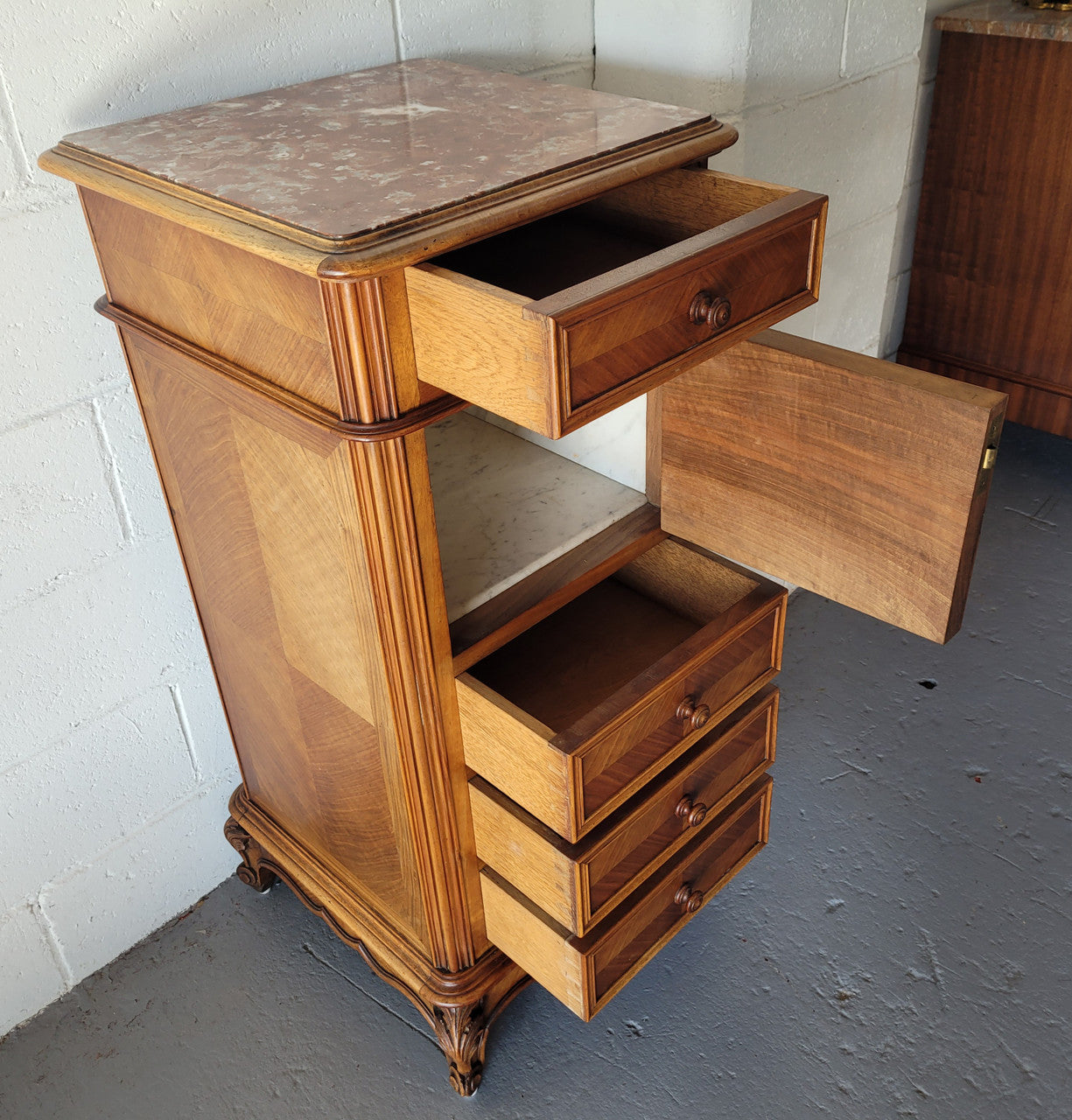 French Louis XV Walnut Single Side Cabinet with Inset Marble Top | Antique & Vintage | Moonee Ponds Antiques | Australia Wide Delivery