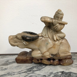 Antique Chinese Carved Soapstone Buffalo and man playing flute
