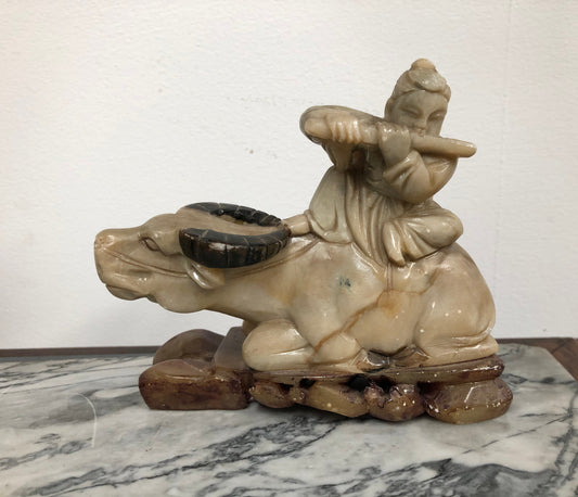 Antique Chinese Carved Soapstone Buffalo and man playing flute