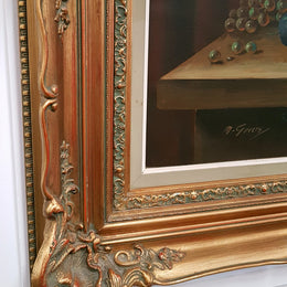 Beautiful large signed M. Govers English oil on canvas of fruit in a lovely ornate gilt frame in very good condition.