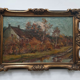 French signed country scene oil on canvas in a lovely decorative frame. In good original condition.